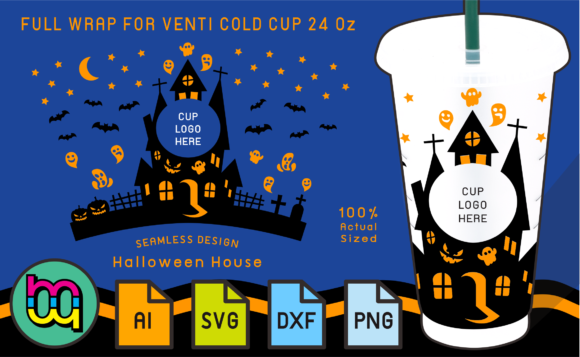 24oz Cold Cup Full Wrap Halloween House: Graphics and Print Templates