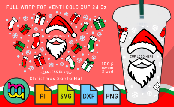 24oz Cold Cup Full Wrap X Mas Santa Hat Graphics