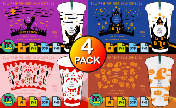4 Pack Halloween 24oz Cold Cup Wraps: Graphics & Print Templates