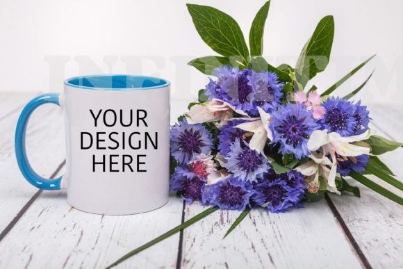Blue Handle Mug Mockup with Flowers