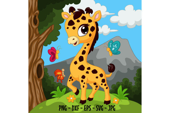 Cute Little Giraffe Cartoon in Jungle