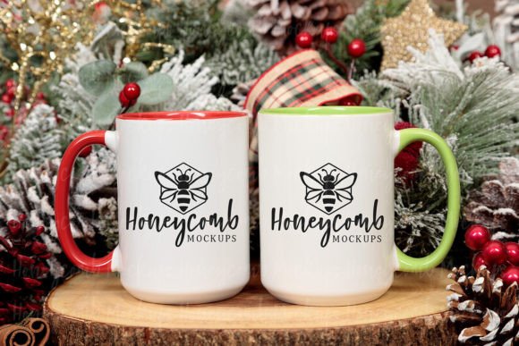 Two 15oz Accent Mugs Christmas Mockup: Graphics and Mugs Amp